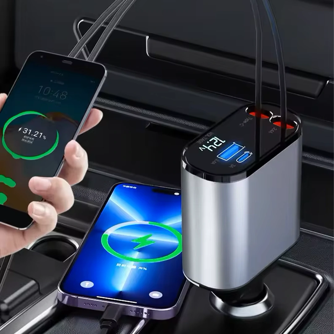 99 شاحن سيارة القابل للسحب بكابلين للشحن لايتنينغ وتايب سي مع منفذين يو إس بي وتايب سي 120 واط - الصورة 1